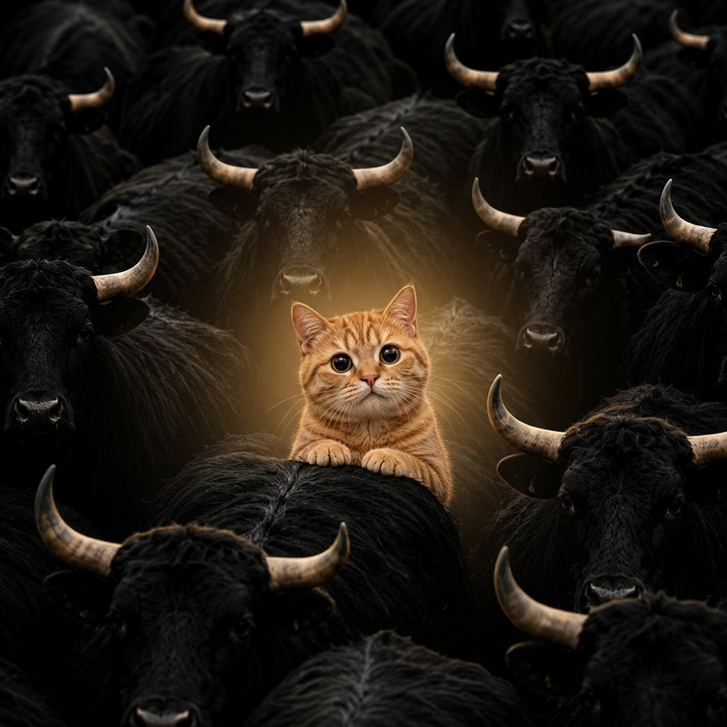 The chosen ginger cat surrounded by a herd of black bulls